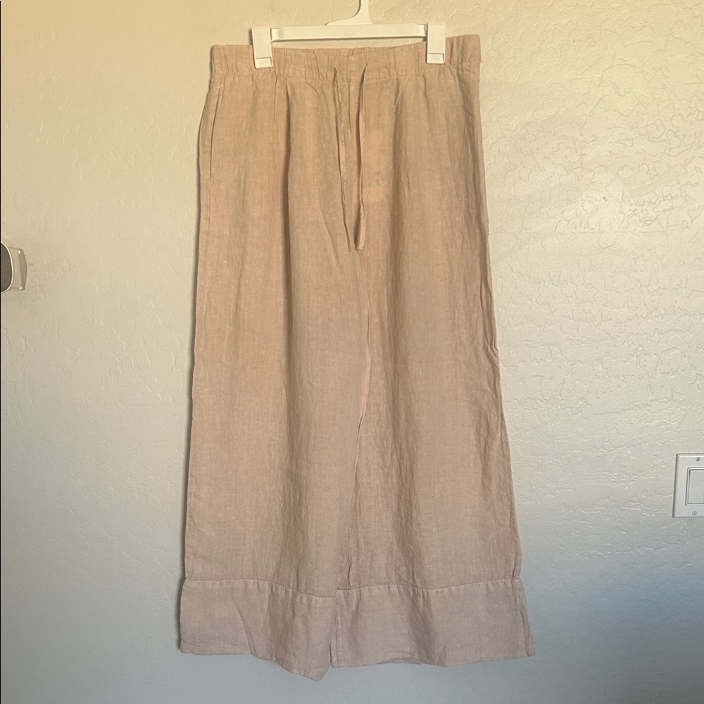 BRAND NEW Beige Linen Wide Leg Pants With Drawstring Waist Size Large